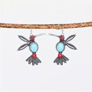 Boho Fun Bird Design Dangle Dangle Earrings Faux Turquoise & Red Beaded